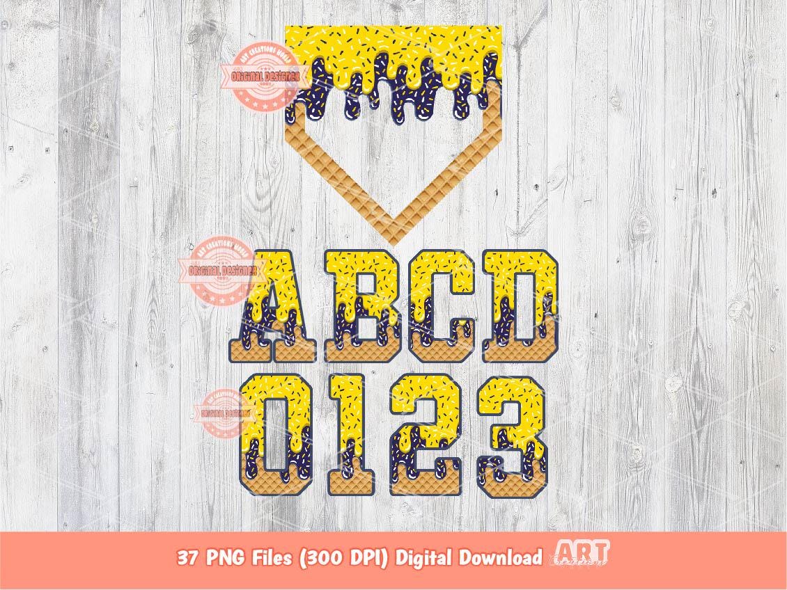 Yellow Navy Drip Alphabet Home Plate PNG Bundle, Trendy Drippy Sprinkle Ice Cream Sports letters & numbers 0-9 Clipart Waffle Cone Alpha Set