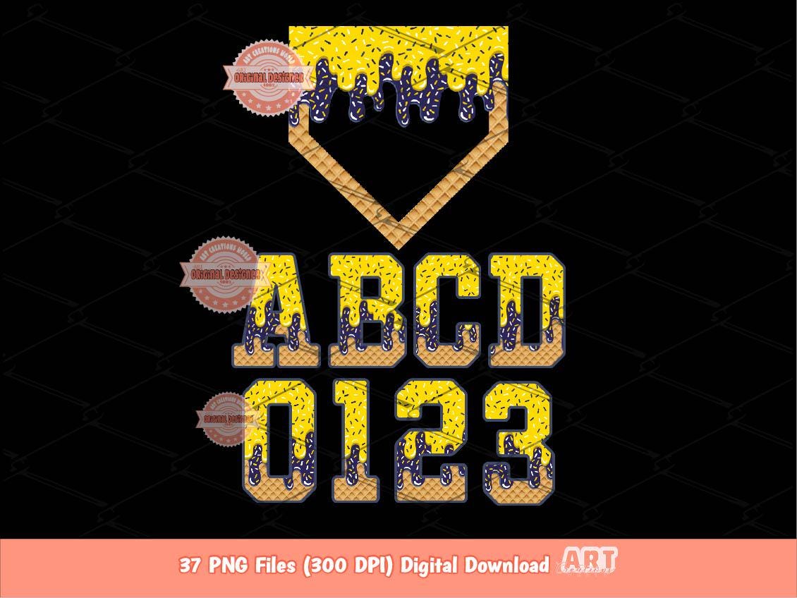 Yellow Navy Drip Alphabet Home Plate PNG Bundle, Trendy Drippy Sprinkle Ice Cream Sports letters & numbers 0-9 Clipart Waffle Cone Alpha Set