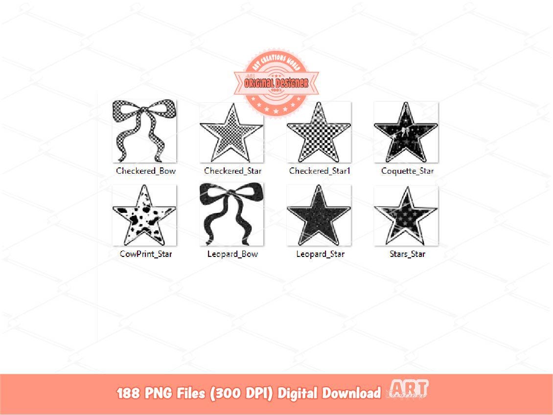 Western Checkered Stars Alphabet PNG Bundle 5 Styles School Spirit Letters & Numbers Trendy Alpha Black White Cow Print Leopard Bow Clipart