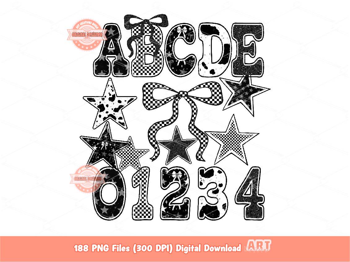 Western Checkered Stars Alphabet PNG Bundle 5 Styles School Spirit Letters & Numbers Trendy Alpha Black White Cow Print Leopard Bow Clipart