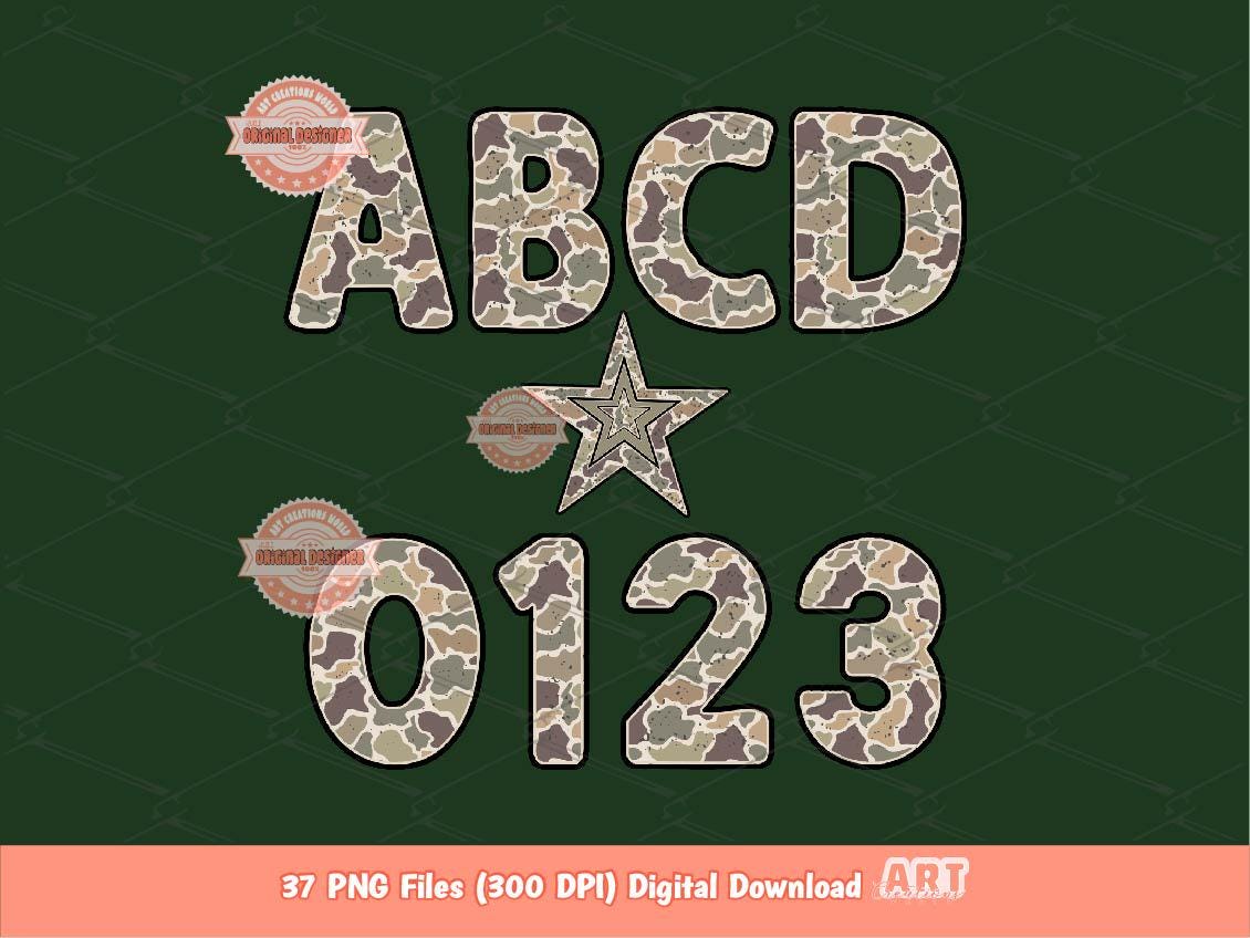 Distressed Camo Alphabet PNG, Hunting Army letters & numbers 0-9 Clipart Retro Old School grade Camouflage Alpha Set Png Digital Download