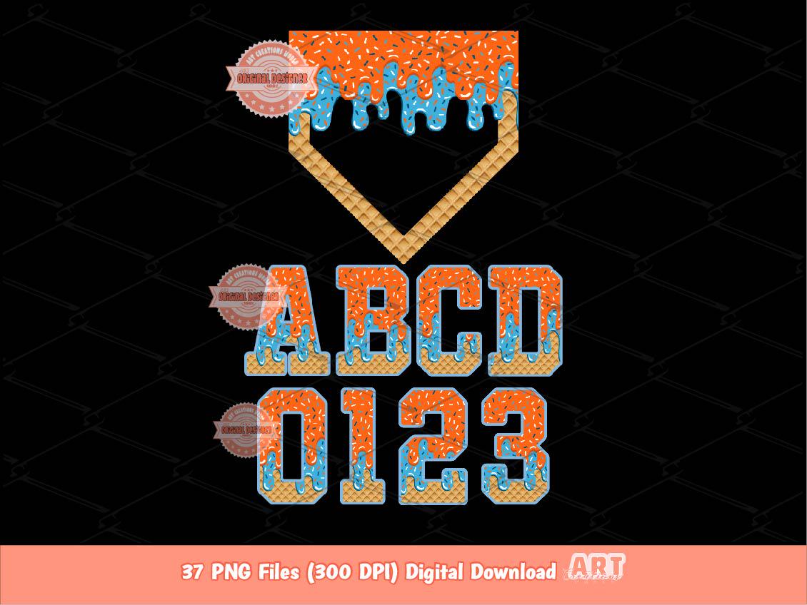 Orange Light Blue Drip Alphabet Home Plate PNG Bundle, Trendy Drippy Sprinkle Ice Cream Sport letters & numbers 0-9 Clipart Waffle Alpha Set