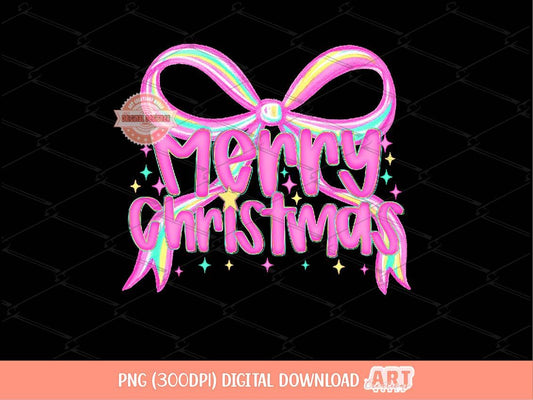 Preppy Pink Merry Christmas PNG, Coquette Bright Neon Pink Christmas with Bow Png sublimation Trendy Girls Shirt Design Digital Download