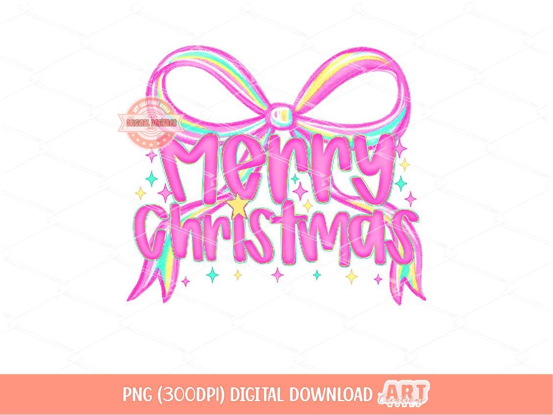 Preppy Pink Merry Christmas PNG, Coquette Bright Neon Pink Christmas with Bow Png sublimation Trendy Girls Shirt Design Digital Download