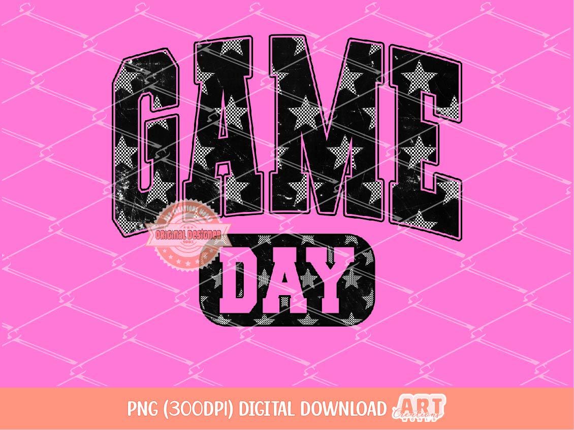 Game Day Checkered Stars PNG, Trendy Black Star Preppy School Spirit Mascot Baseball Football Season Png Sublimation Shirt Design Digital
