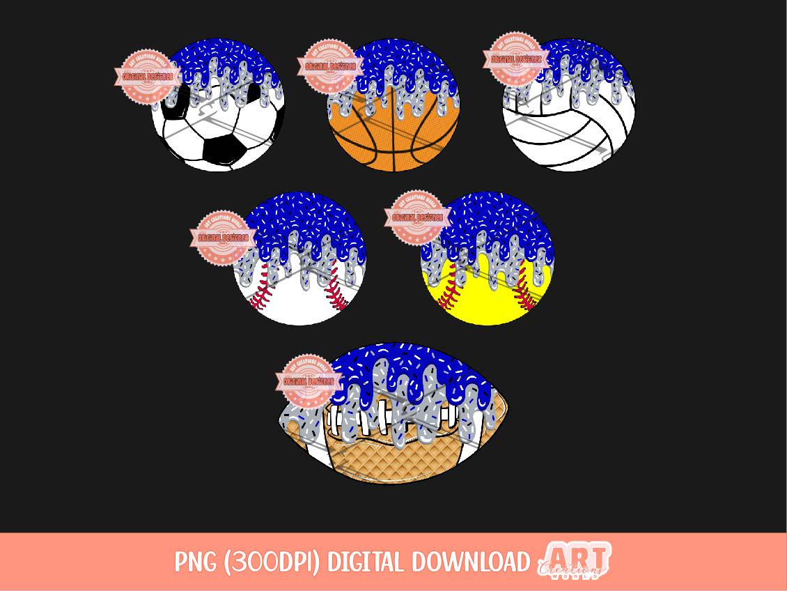Royal Blue Drip Sports Balls PNG Bundle, Drippy Game day Clipart