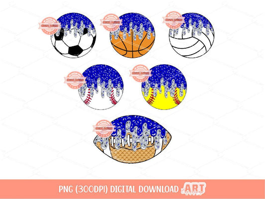 Royal Blue Drip Sports Balls PNG Bundle: Soccer, Basketball, Volleyball, Baseball, Softball and Football Clipart (Digital Download