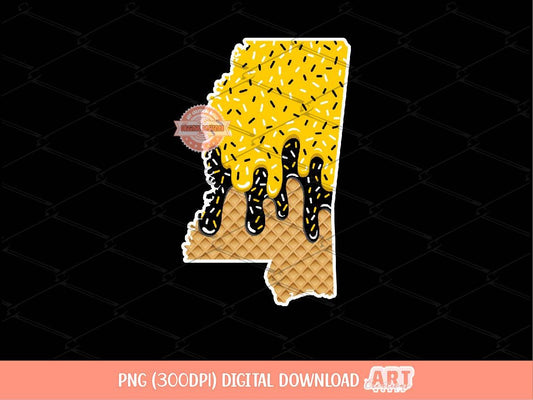 Gold Black Drip Mississippi PNG, Custom Drippy Ice Cream US State Waffle Cone, Trendy MS Map Sublimation & dtf Shirt Design Digital Download