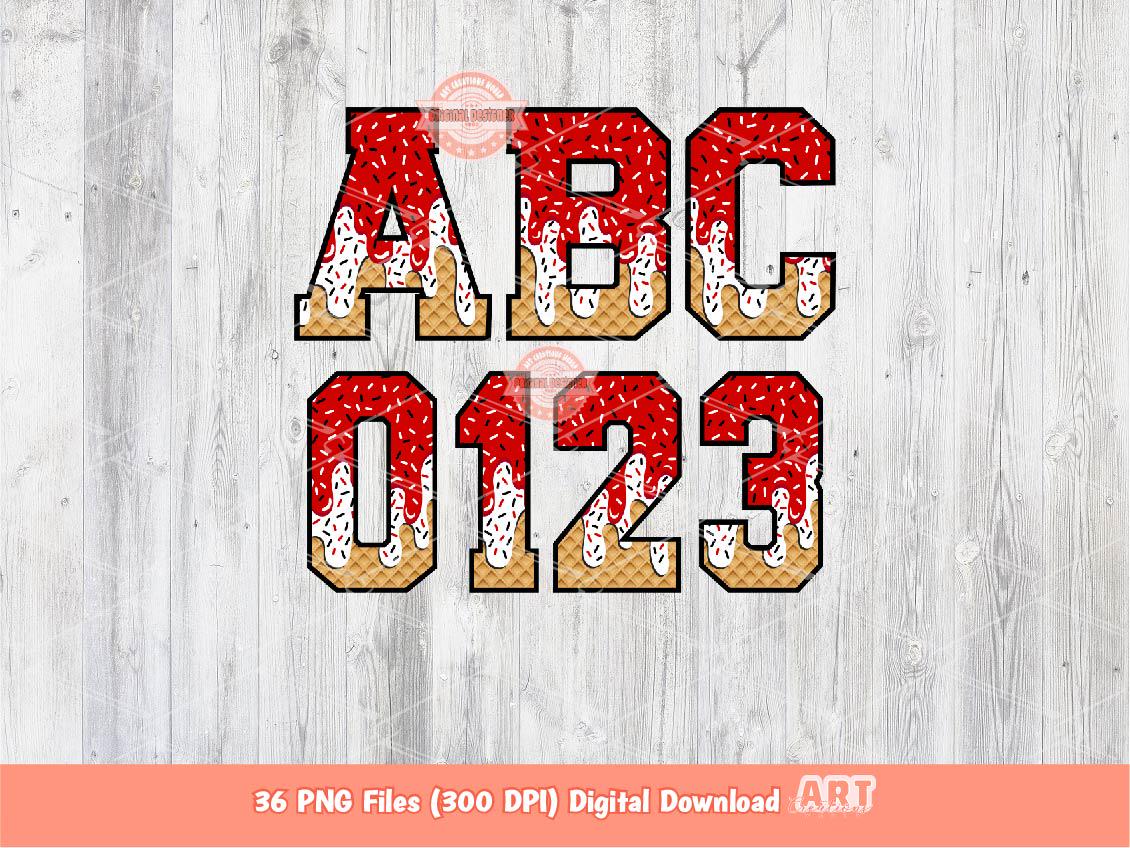 Drippy Red and White Alphabet PNG: Ice Cream Varsity Letters & Numbers Clipart (Digital Download)