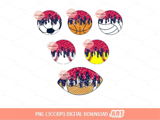 Drip Sports Balls PNG Bundle: Baseball, Softball, Soccer, Basketball, Volleyball and Football Clipart (Digital Download)