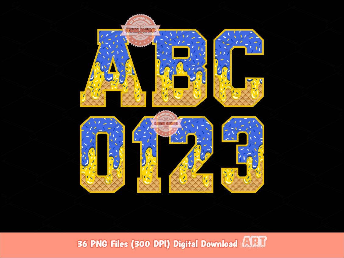 Blue Gold Drip Varsity Alphabet PNG, Drippy Sprinkle Ice Cream Sports letters, numbers 0-9 Clipart, Waffle Cone Alpha Set Digital Download
