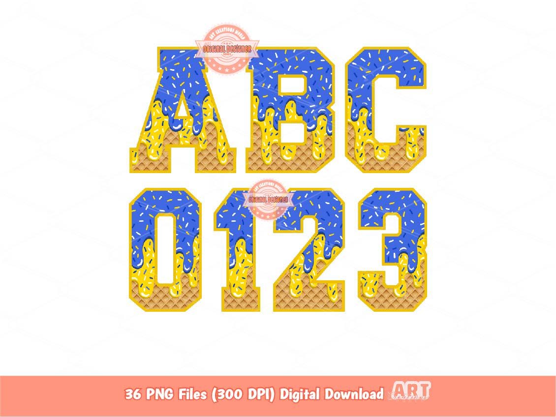 Blue Gold Drip Varsity Alphabet PNG, Drippy Sprinkle Ice Cream Sports letters, numbers 0-9 Clipart, Waffle Cone Alpha Set Digital Download