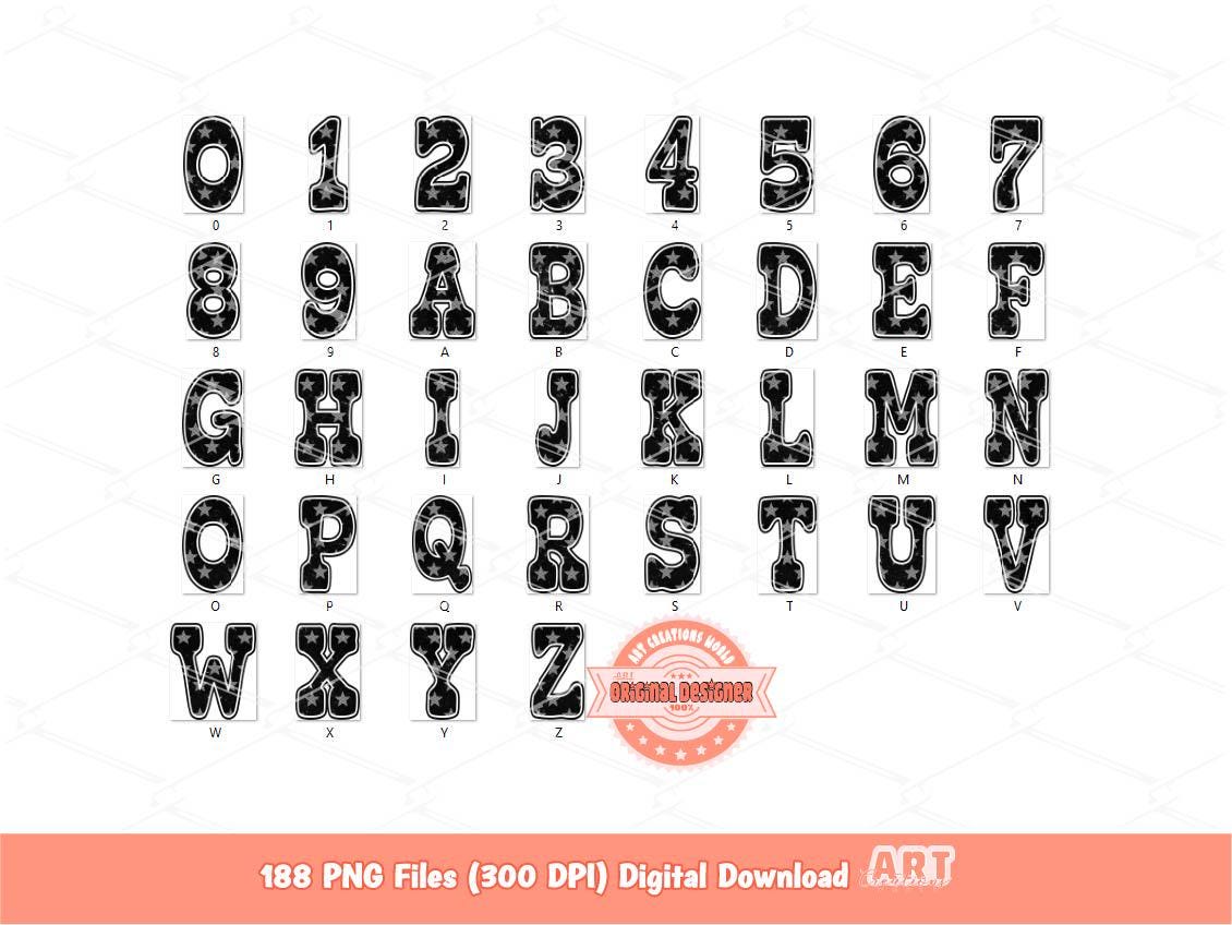 Western Checkered Stars Alphabet PNG Bundle 5 Styles School Spirit Letters & Numbers Trendy Alpha Black White Cow Print Leopard Bow Clipart