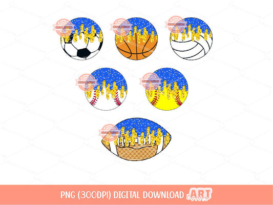 Blue Gold Drip Sports Balls PNG Bundle: Baseball, Softball, Soccer, Basketball, Volleyball and Football Clipart (Digital Download)