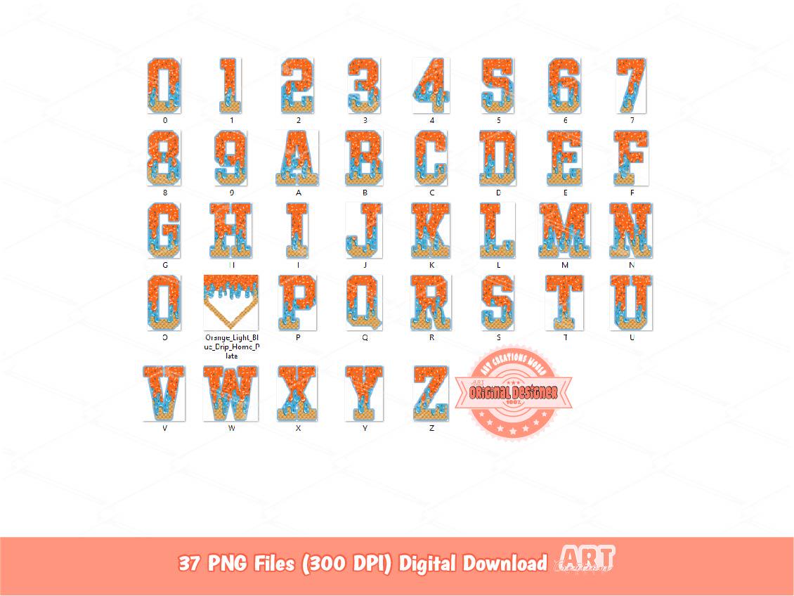 Orange Light Blue Drip Alphabet Home Plate PNG Bundle, Trendy Drippy Sprinkle Ice Cream Sport letters & numbers 0-9 Clipart Waffle Alpha Set