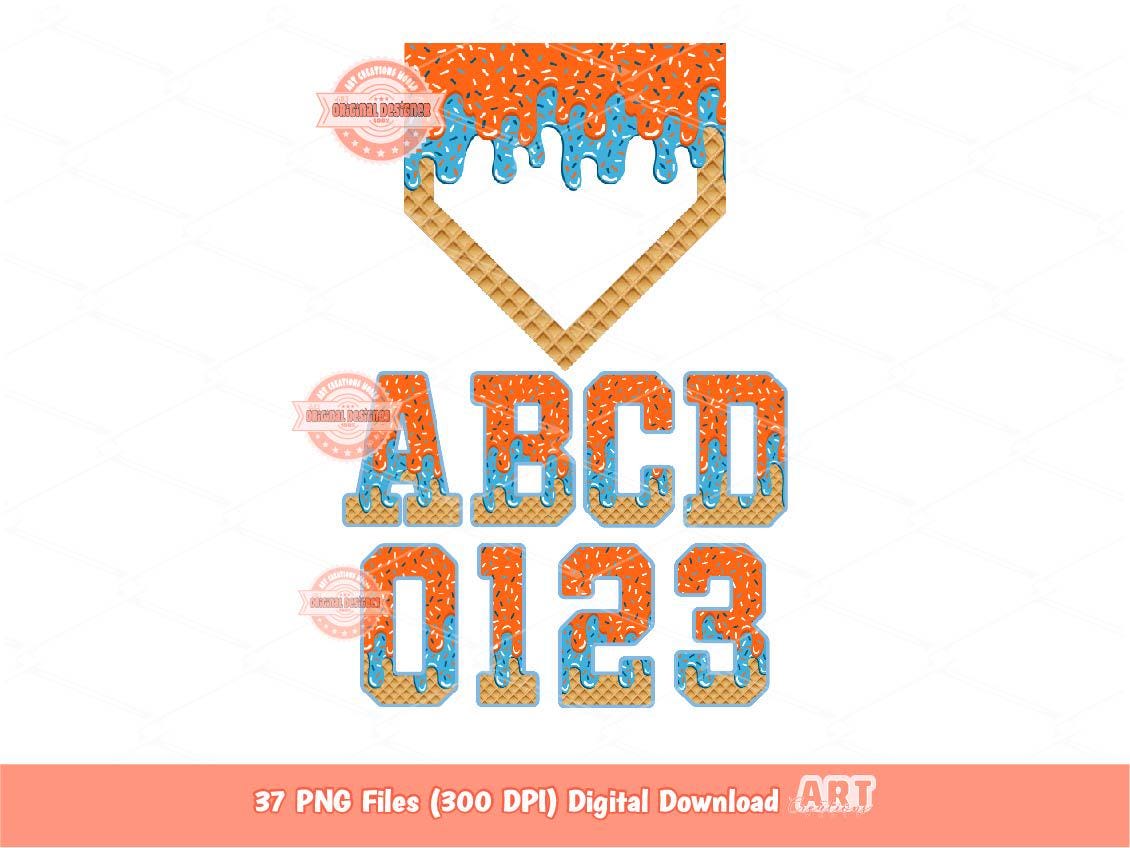 Orange Light Blue Drip Alphabet Home Plate PNG Bundle, Trendy Drippy Sprinkle Ice Cream Sport letters & numbers 0-9 Clipart Waffle Alpha Set