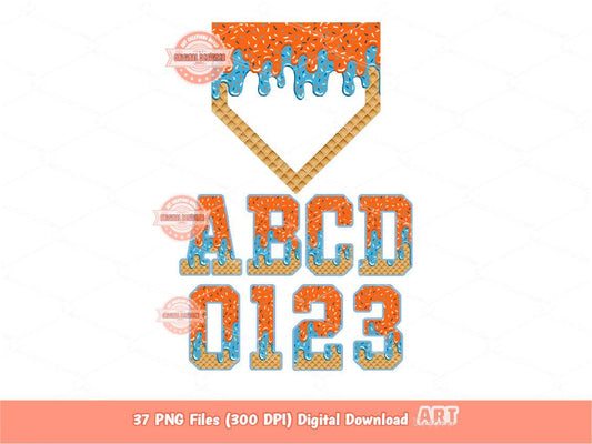 Orange Light Blue Drip Alphabet Home Plate PNG Bundle, Trendy Drippy Sprinkle Ice Cream Sport letters & numbers 0-9 Clipart Waffle Alpha Set