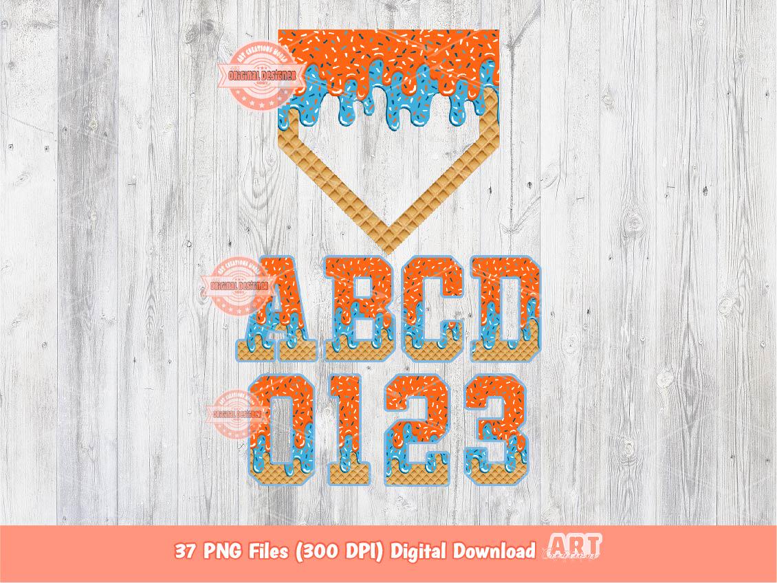 Orange Light Blue Drip Alphabet Home Plate PNG Bundle, Trendy Drippy Sprinkle Ice Cream Sport letters & numbers 0-9 Clipart Waffle Alpha Set