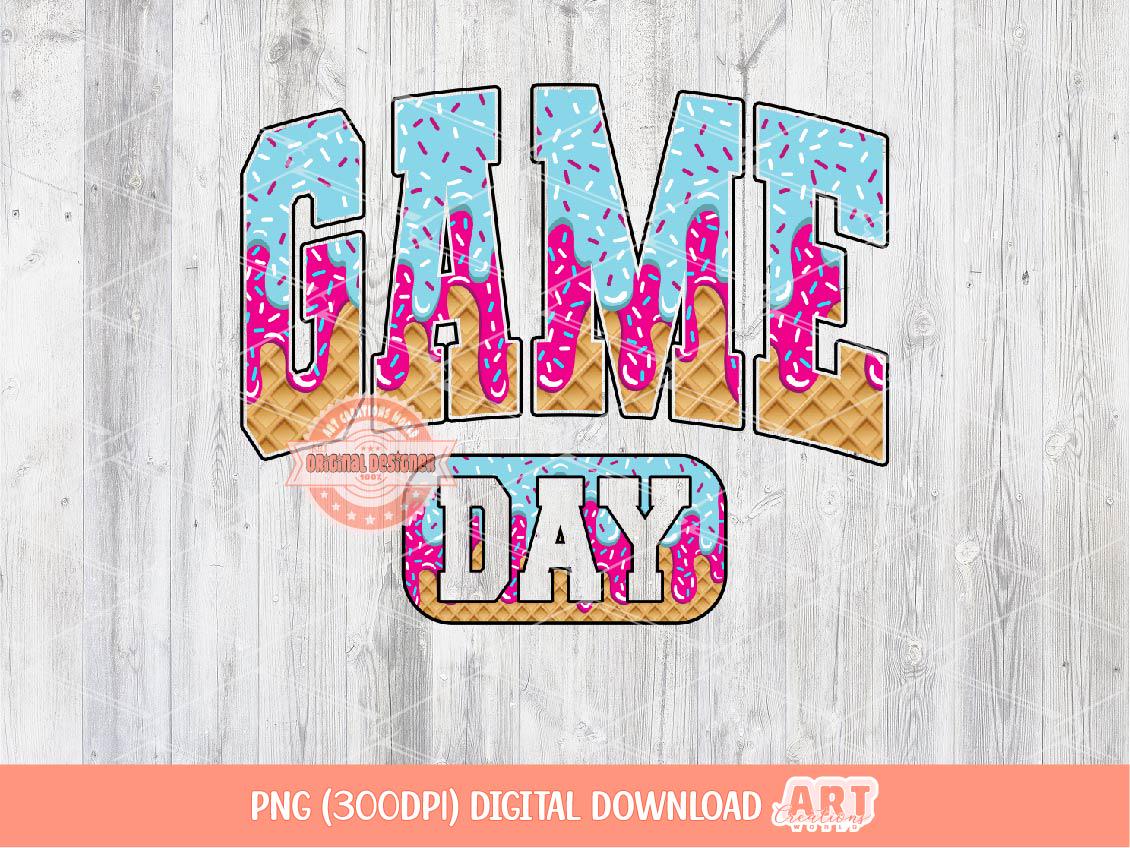 Ice Cream Game Day PNG, Trendy Pink Blue Drip Waffle Cone Varsity Sublimation Design