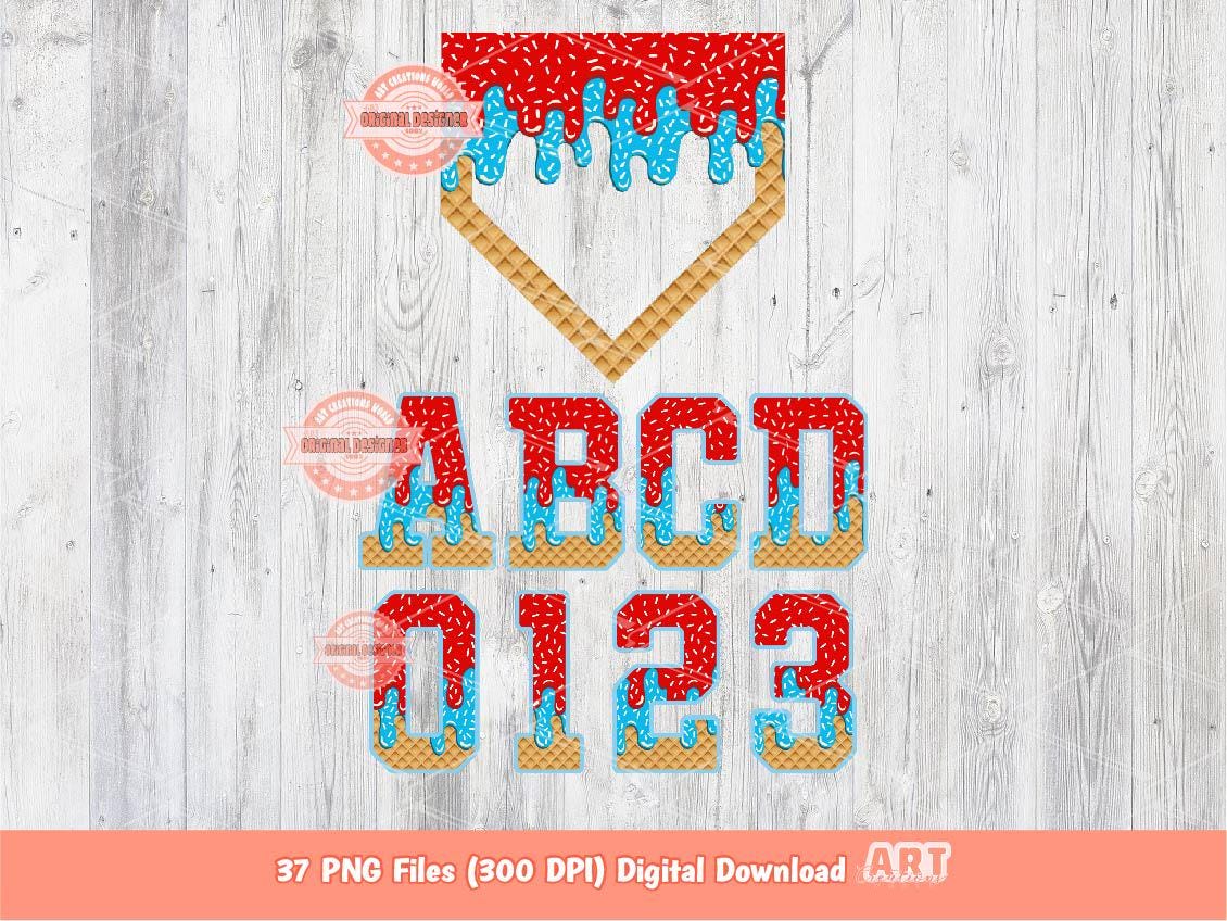 Red Light Blue Drip Alphabet Home Plate PNG Bundle, Drippy Sprinkle Ice Cream Sports letters & numbers 0-9 Clipart Waffle Cone Alpha Set Png