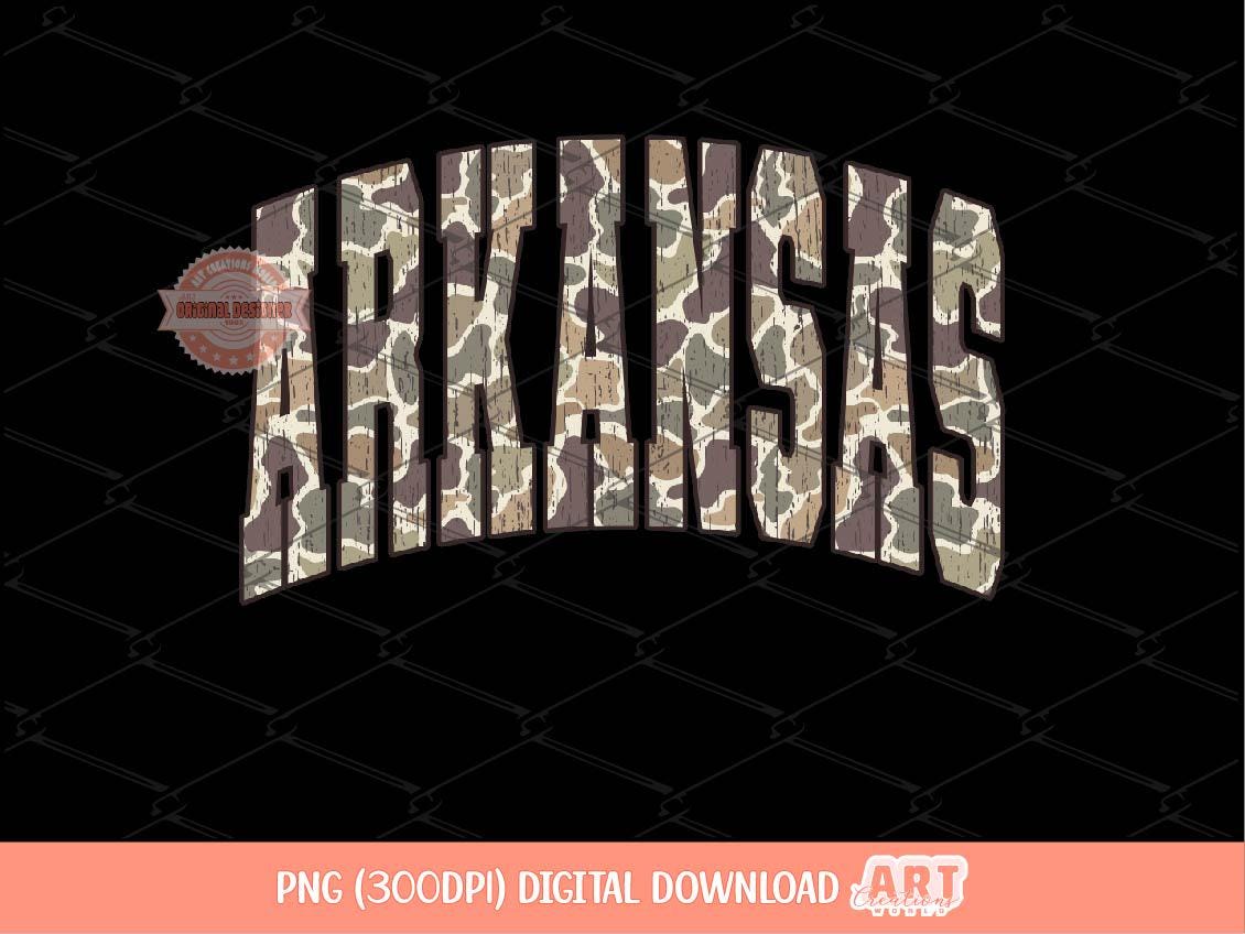 Arkansas Grunge Camo PNG, Arched Distressed Varsity Retro Old School Camouflage Sublimation Shirt Design Digital Download