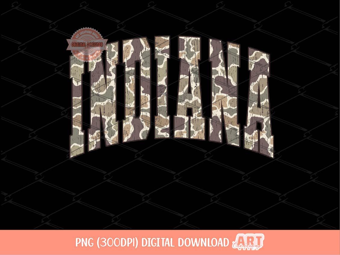 Indiana Grunge Camo PNG, Arched Distressed Varsity Retro Old School Camouflage Sublimation Trendy Shirt Design Digital Download