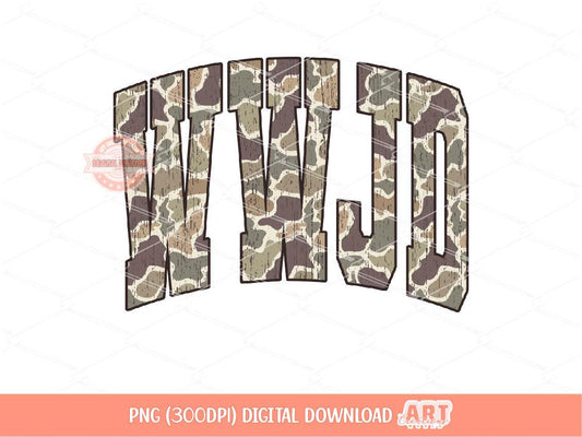 WWJD Grunge Camo PNG, Arched Distressed Varsity Retro Old School Camouflage Sublimation Trendy Shirt Design Digital Download