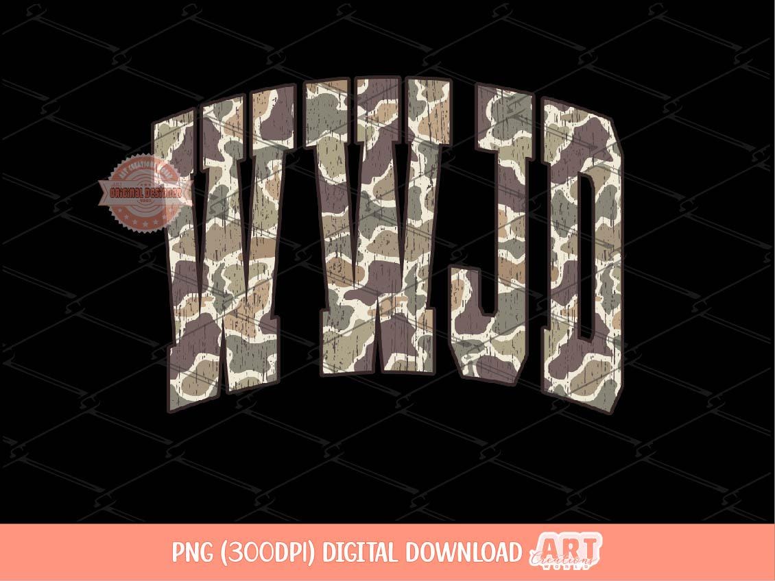 WWJD Grunge Camo PNG, Arched Distressed Varsity Retro Old School Camouflage Sublimation Trendy Shirt Design Digital Download