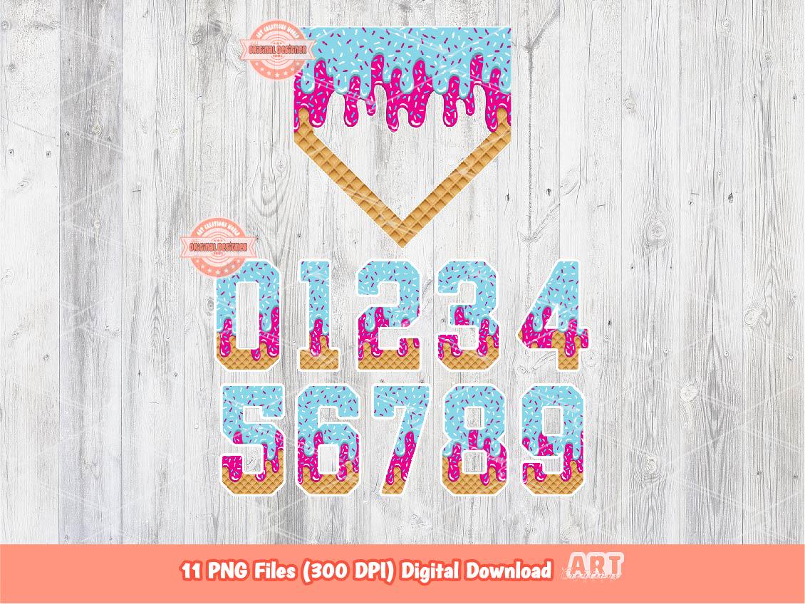 Pink Blue Drip Numbers Home Plate PNG Bundle, Drippy Sprinkles Trendy Ice Cream Sports numbers 0-9 Clipart Baseball Waffle Digital Download