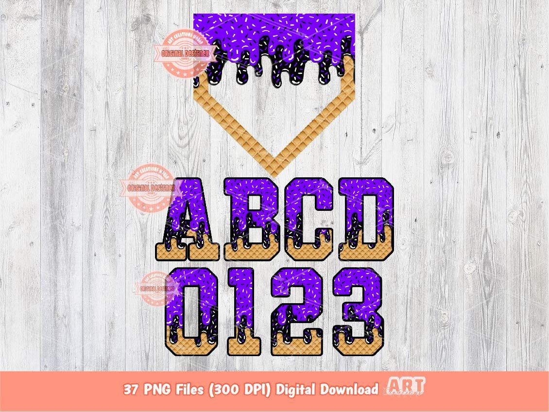 Purple Black Drip Varsity Alphabet & Home Plate PNG Bundle, Drippy Sprinkle Ice Cream Waffle cone Baseball letters numbers 0-9 Alpha Clipart