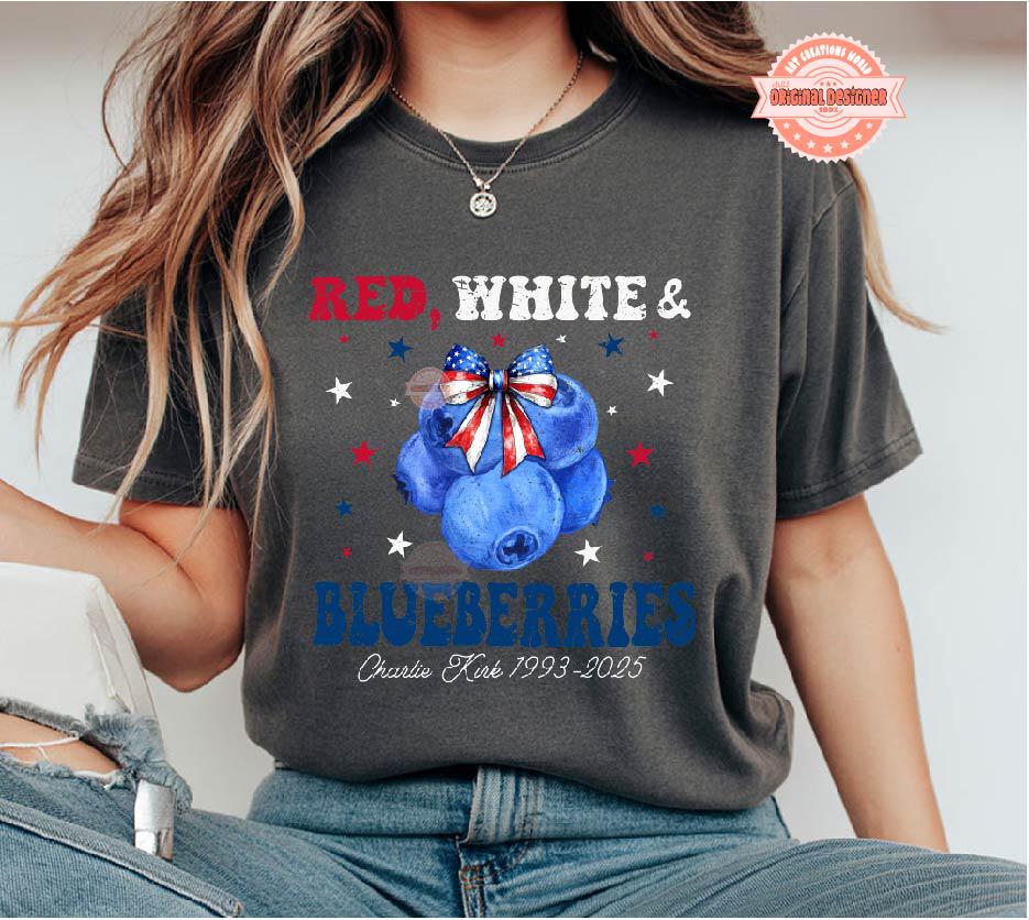 Coquette Red White and Blueberries PNG, Charlie Memorial Freedom Shirt Design Digital Download