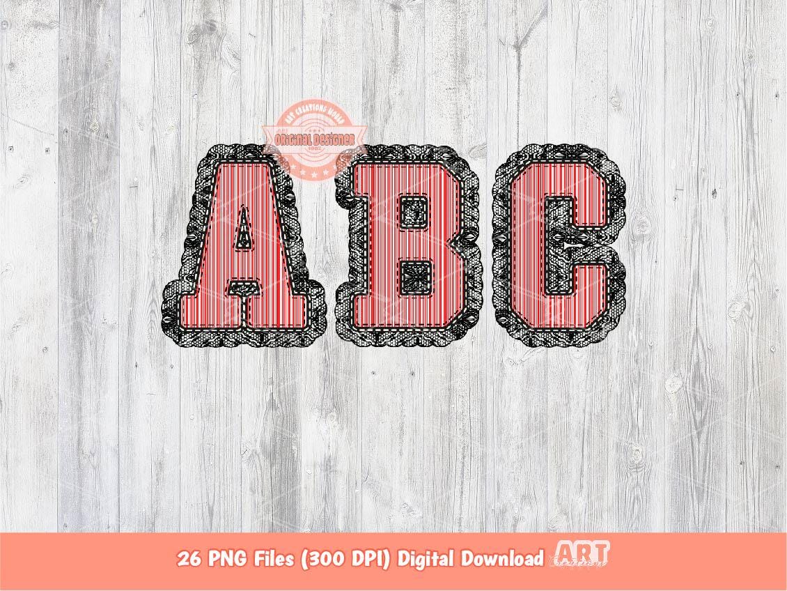 Seersucker Lace Alphabet PNG: Stitched School Letters Clipart (Digital Download