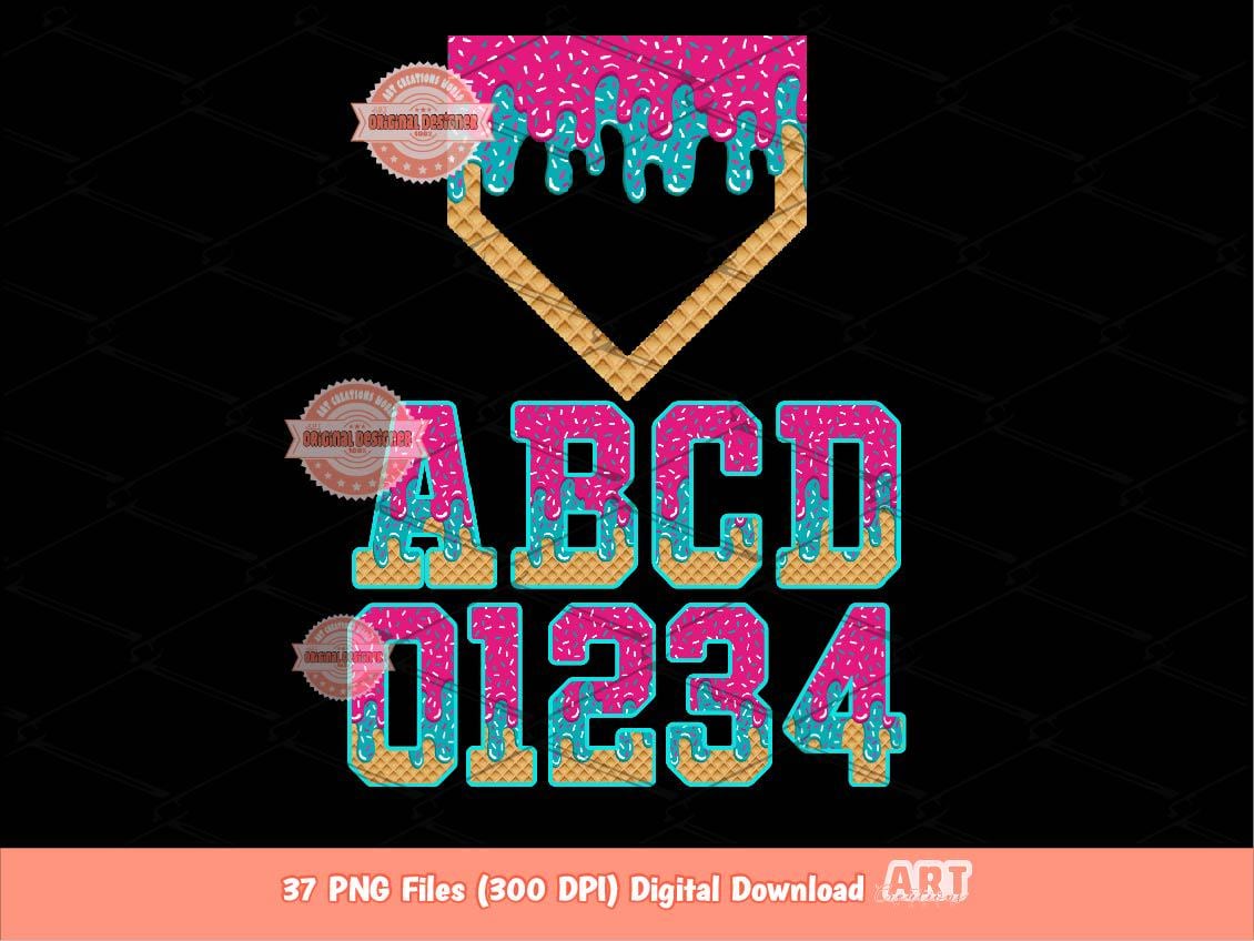 Pink Teal Drip Alphabet PNG Bundle: Ice Cream Sports Letters & Numbers Clipart (Digital Download)