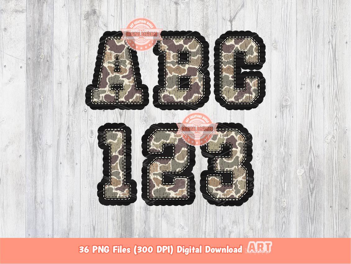Grunge Camo Alphabet PNG: Stitched Military Letters & Numbers Clipart (Digital Download)