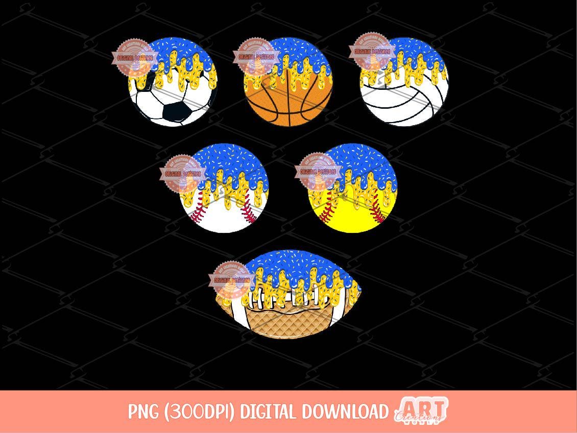 Blue Gold Drip Sports Balls PNG Bundle: Baseball, Softball, Soccer, Basketball, Volleyball and Football Clipart (Digital Download)