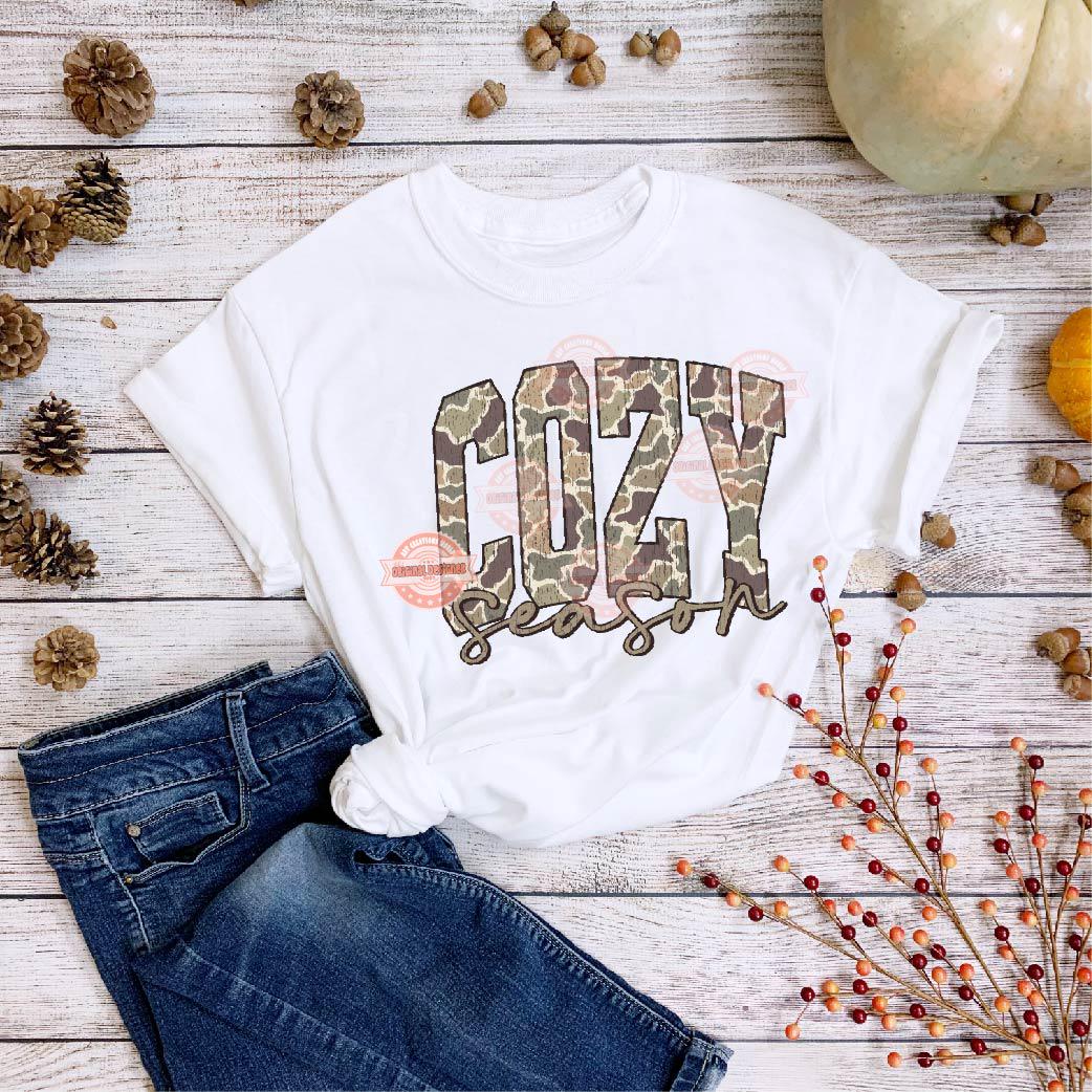 Cozy Season Grunge Camo PNG, Arched Distressed Varsity Retro Old School Camouflage Sublimation Fall Shirt Design Digital Download