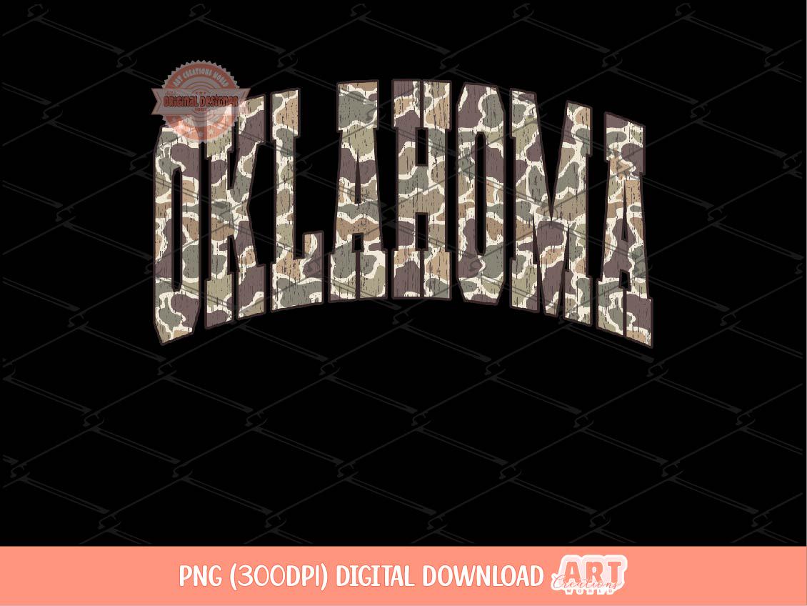 Oklahoma Grunge Camo PNG, Arched Distressed Varsity Retro Old School Camouflage Sublimation Trendy Shirt Design Digital Download