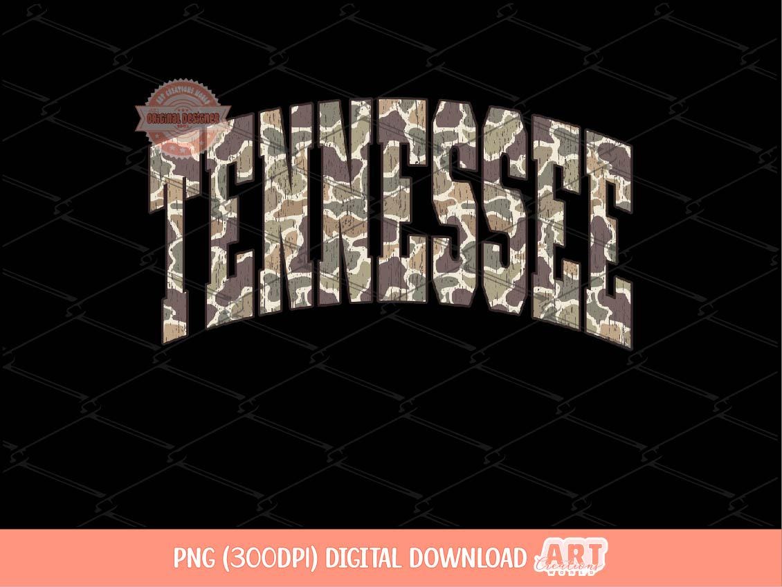 Tennessee Grunge Camo PNG, Arched Distressed Varsity Retro Old School Camouflage Sublimation Trendy Shirt Design Digital Download