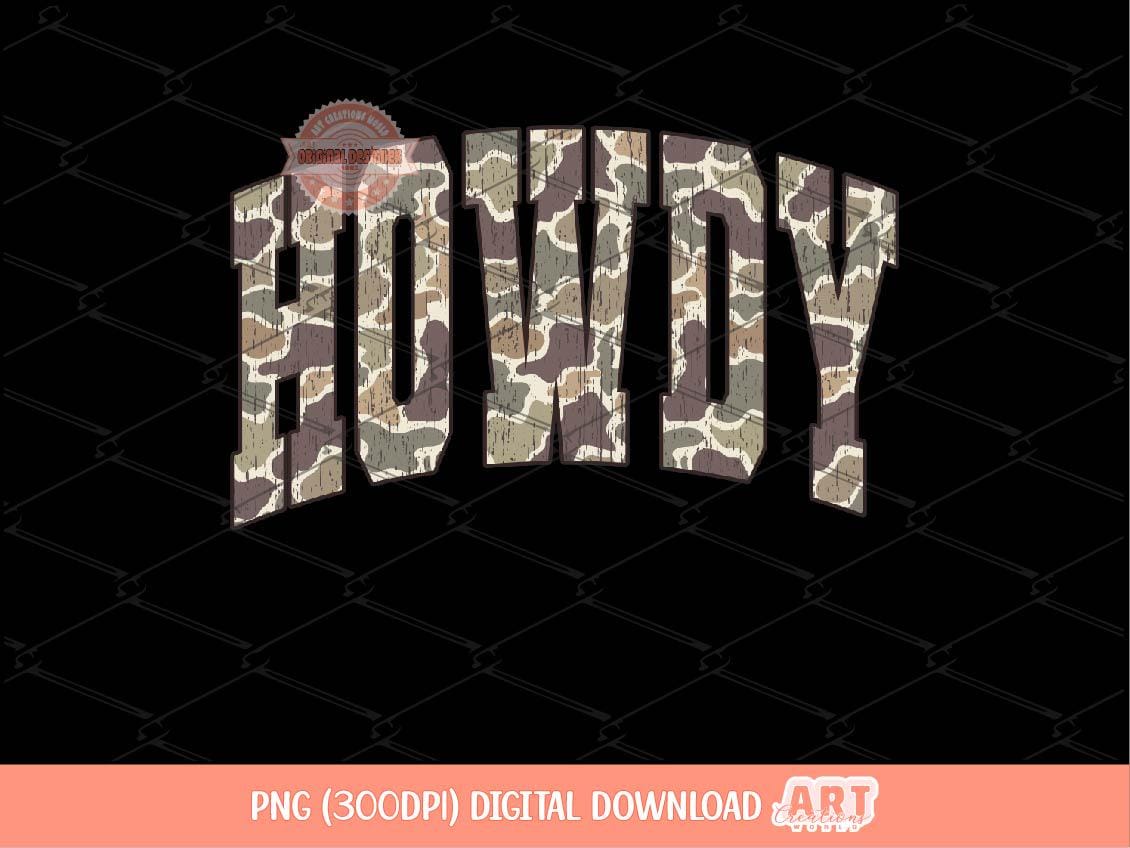 Howdy Grunge Camo PNG, Arched Distressed Varsity Retro Old School Camouflage Sublimation Trendy Shirt Design Digital Download