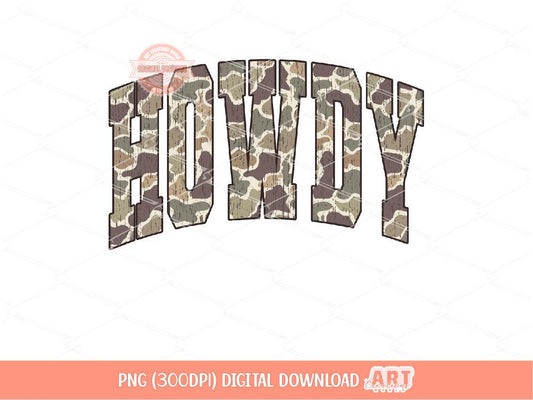Howdy Grunge Camo PNG, Arched Distressed Varsity Retro Old School Camouflage Sublimation Trendy Shirt Design Digital Download