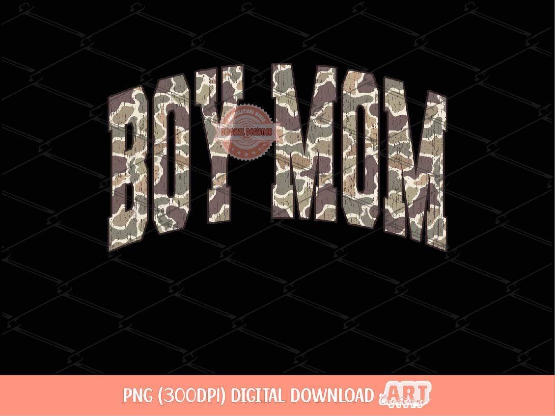 Boy Mom Grunge Camo PNG, Arched Distressed Varsity Retro Old School Camouflage Sublimation Trendy Mama Shirt Design Digital Download