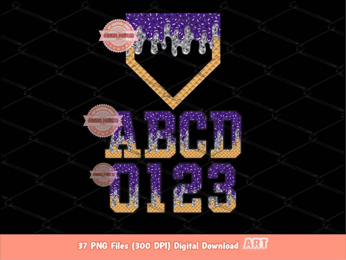 Drippy Purple & Grey Baseball Alphabet Home Plate PNG Bundle: Sports Letters Clipart (Digital Download)