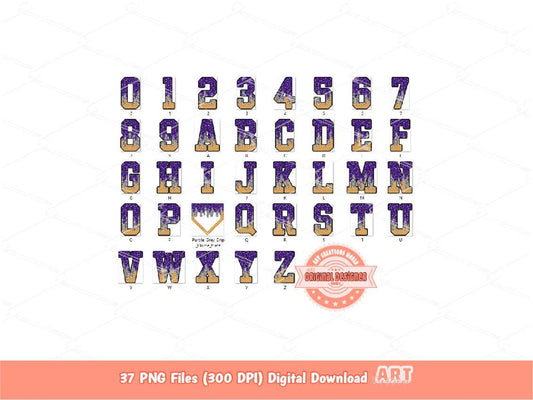 Drippy Purple & Grey Baseball Alphabet Home Plate PNG Bundle: Sports Letters Clipart (Digital Download)