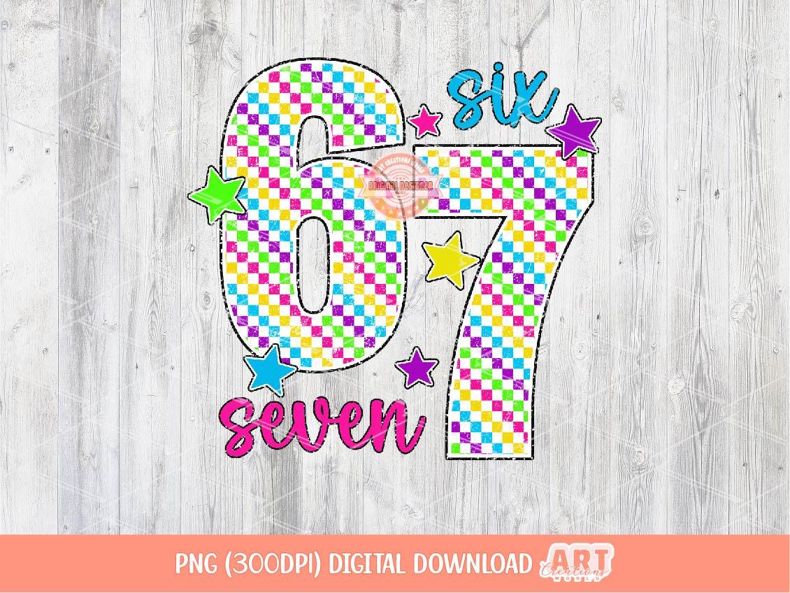 Six Seven PNG, Funny Meme 6 7 Bright Checkered Sublimation Shirt Design Digital Download