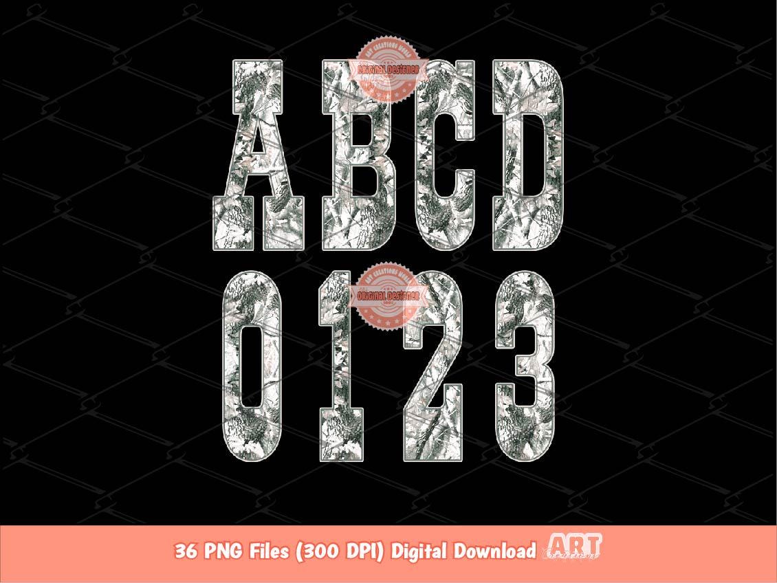 Gray Forest Camo Alphabet PNG: Hunting Military Western Letters & Numbers Clipart (Digital Download)