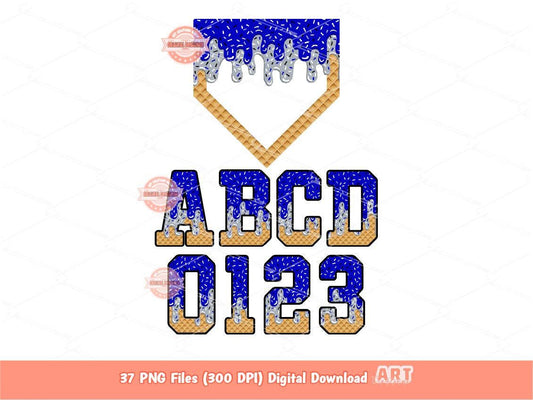 Drippy Varsity Alphabet Home Plate PNG Bundle: Royal Blue Grey Letters & Numbers Clipart (Digital Download)