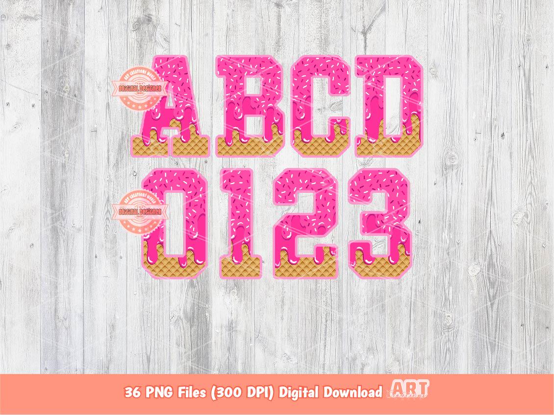 Pink Drippy Varsity Alphabet PNG, Drip Ice Cream Letters & Numbers Clipart (Digital Download)