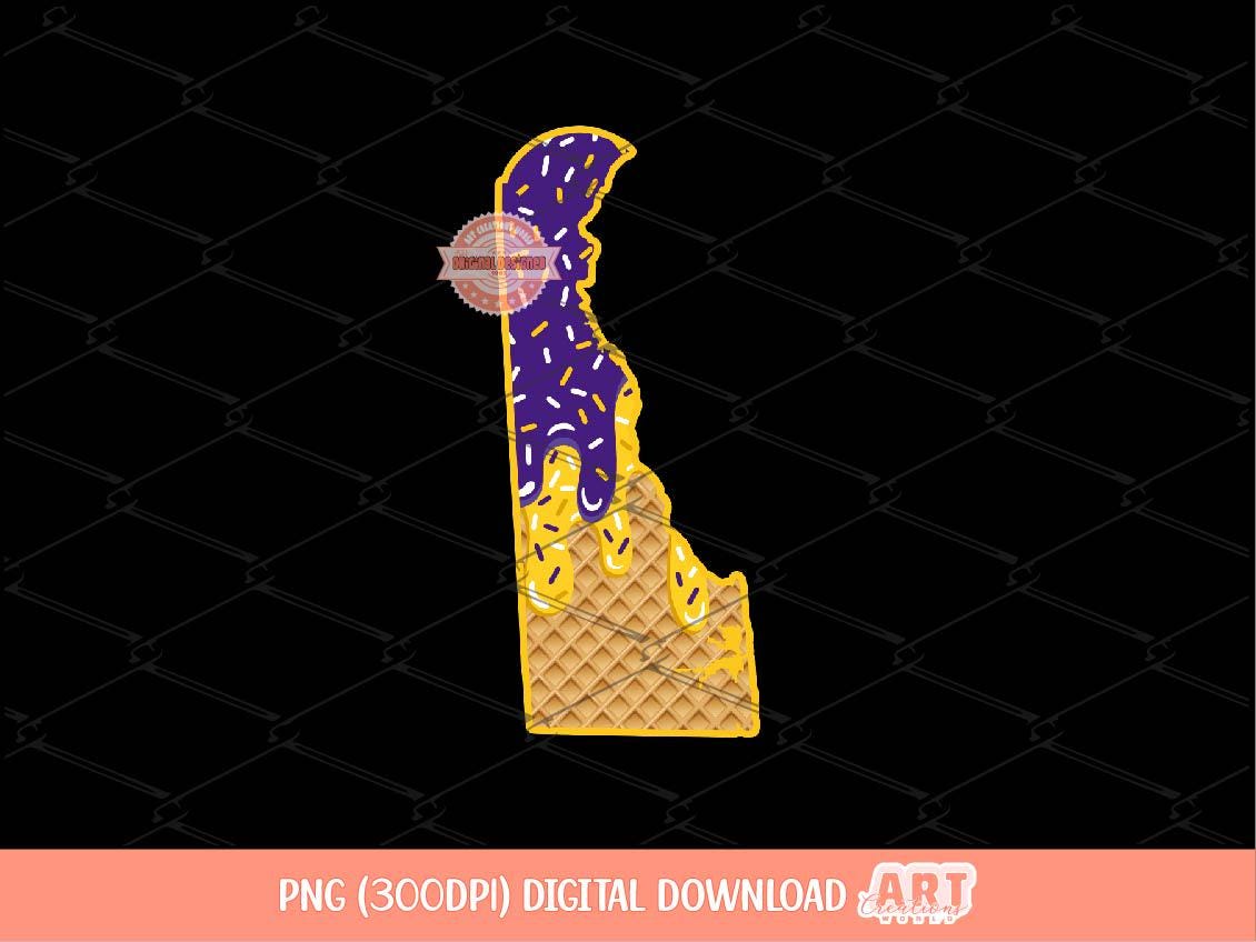Delaware State Drip PNG: Purple Gold Waffle Cone Ice Cream Sublimation Shirt Design (Digital Download)