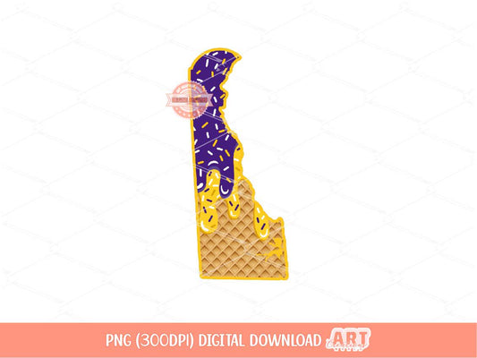 Delaware State Drip PNG: Purple Gold Waffle Cone Ice Cream Sublimation Shirt Design (Digital Download)