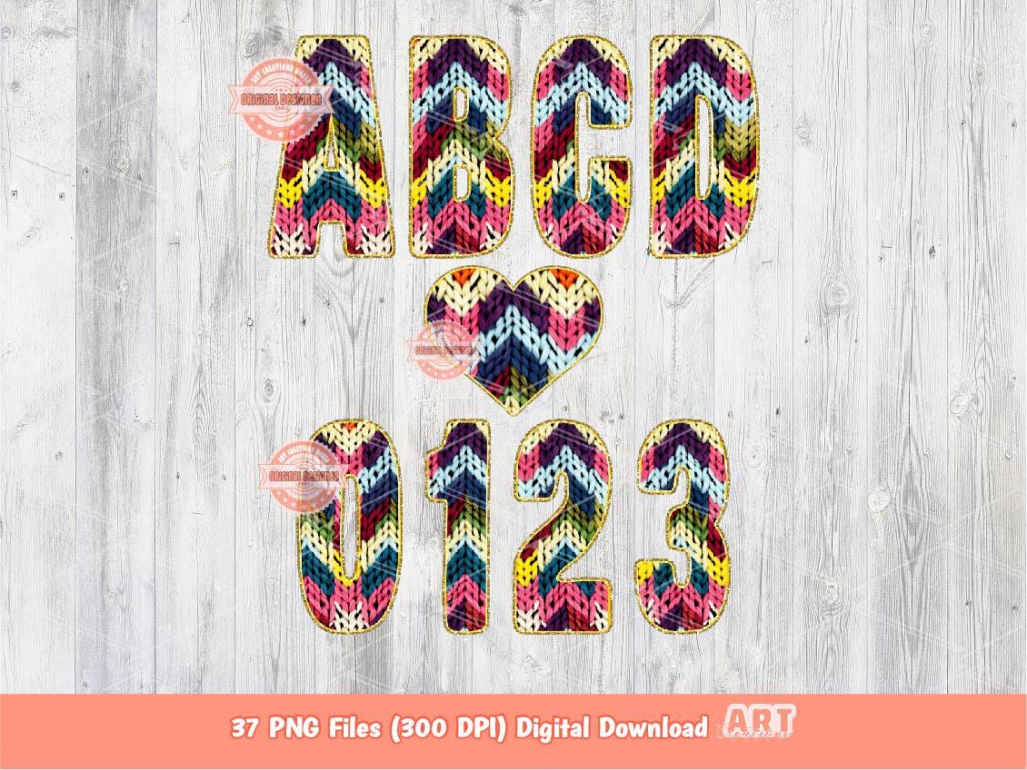 Faux Yarn Alphabet PNG: Colorful Chevron Crochet Letters & Numbers Clipart (Digital Download)